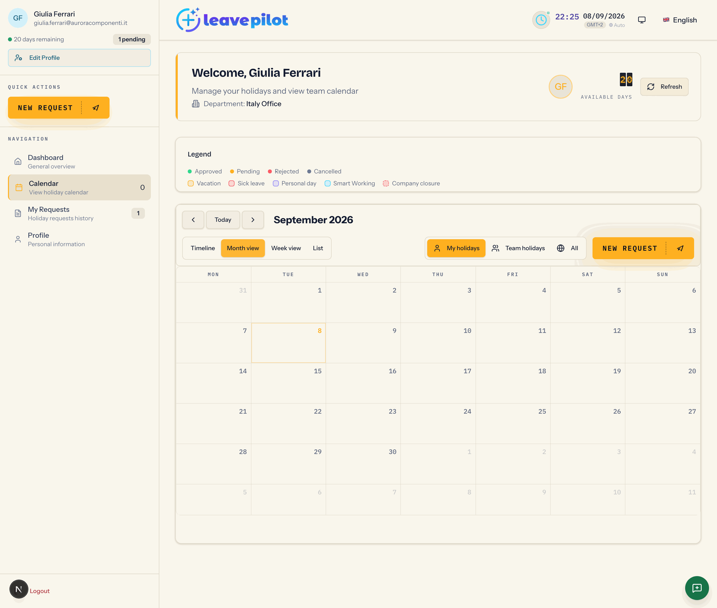 The month view of the calendar