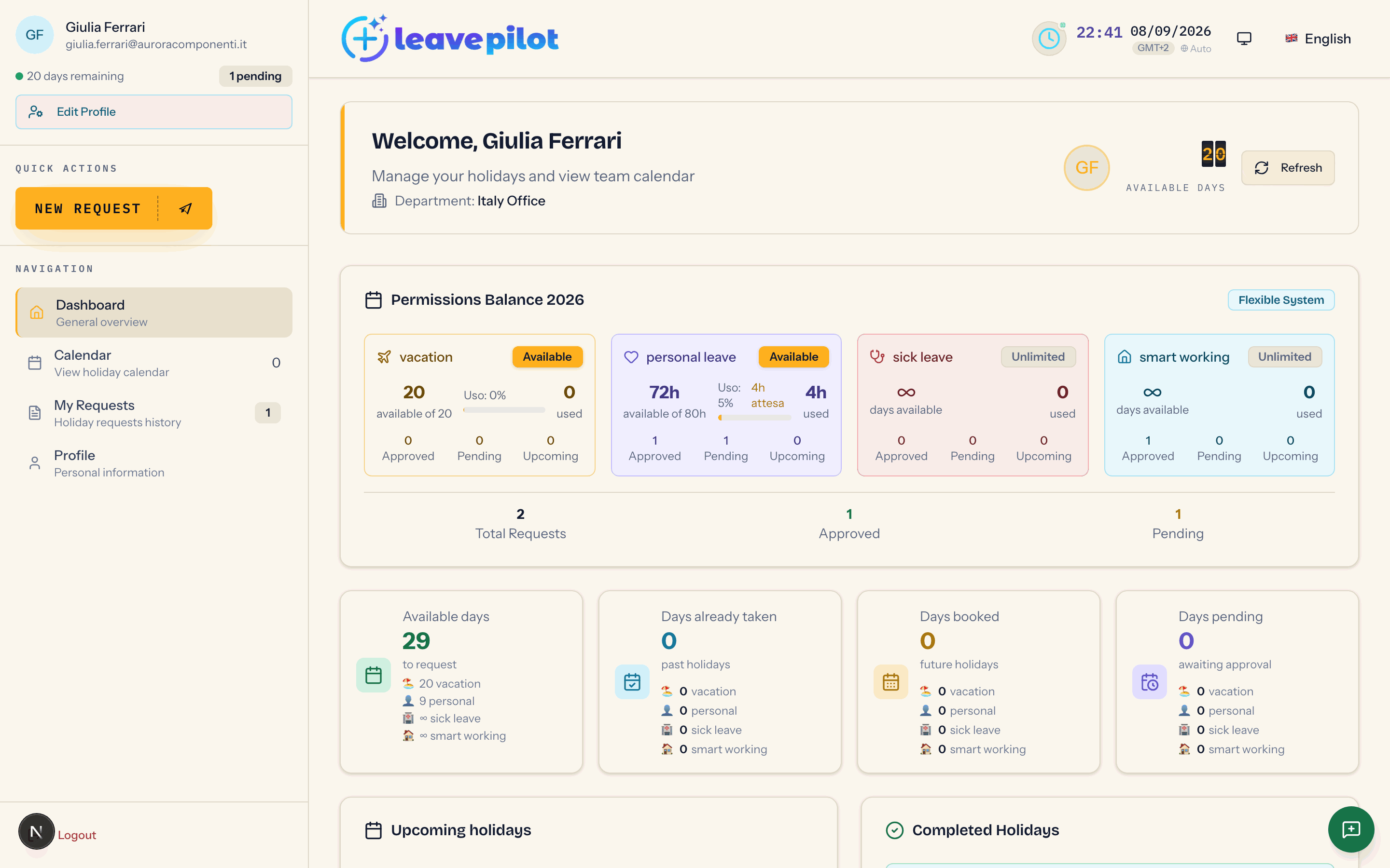 The employee dashboard with sidebar, header and balance by type