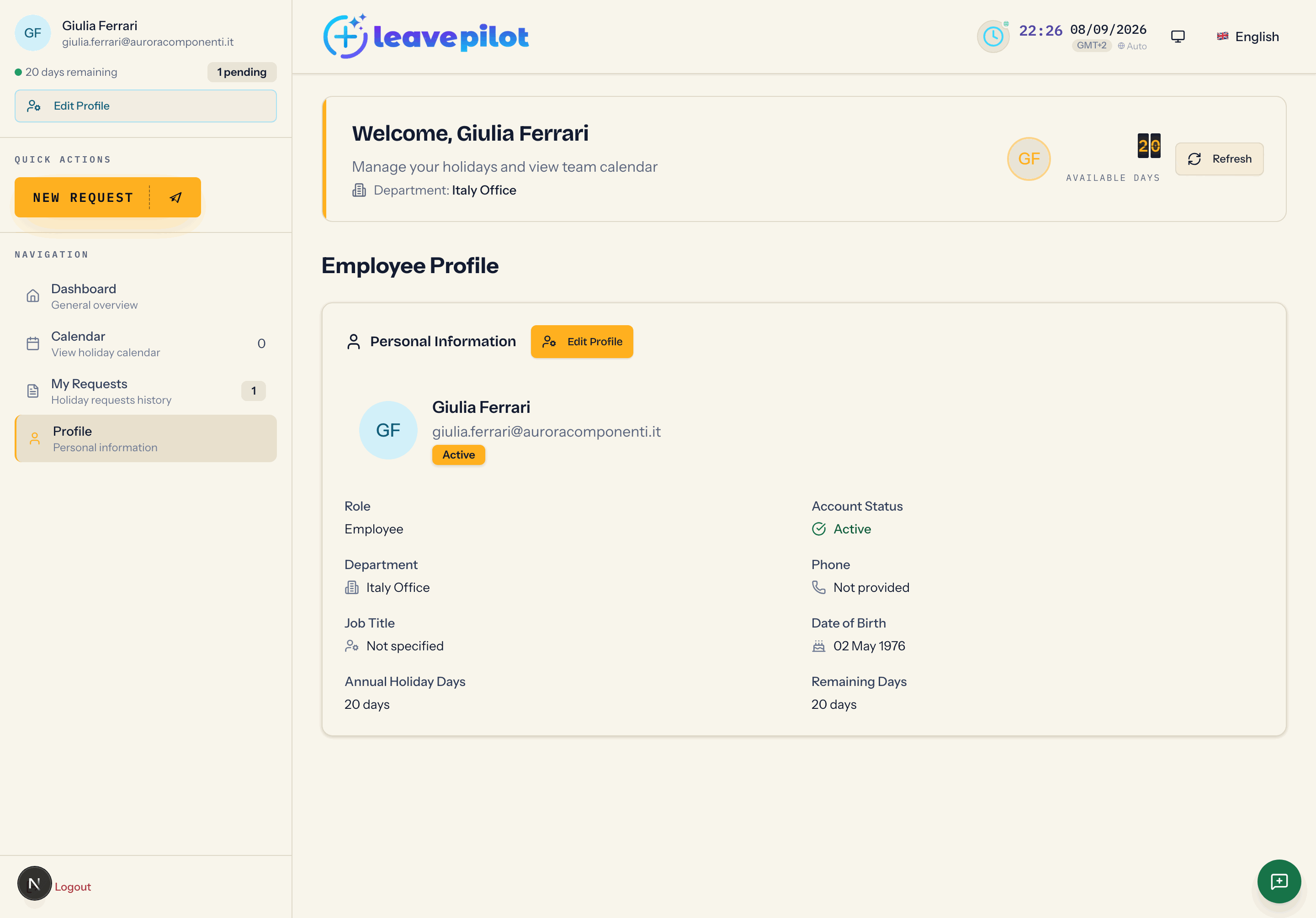 The Employee Profile tab
