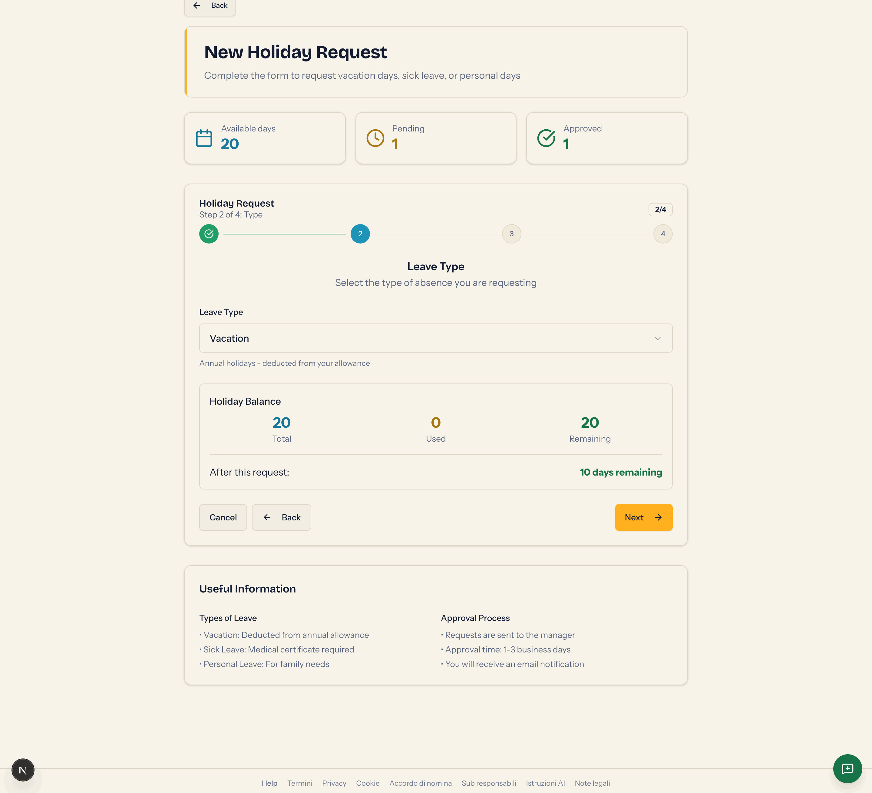 Step 2 of the form with type Vacation and the Holiday Balance box