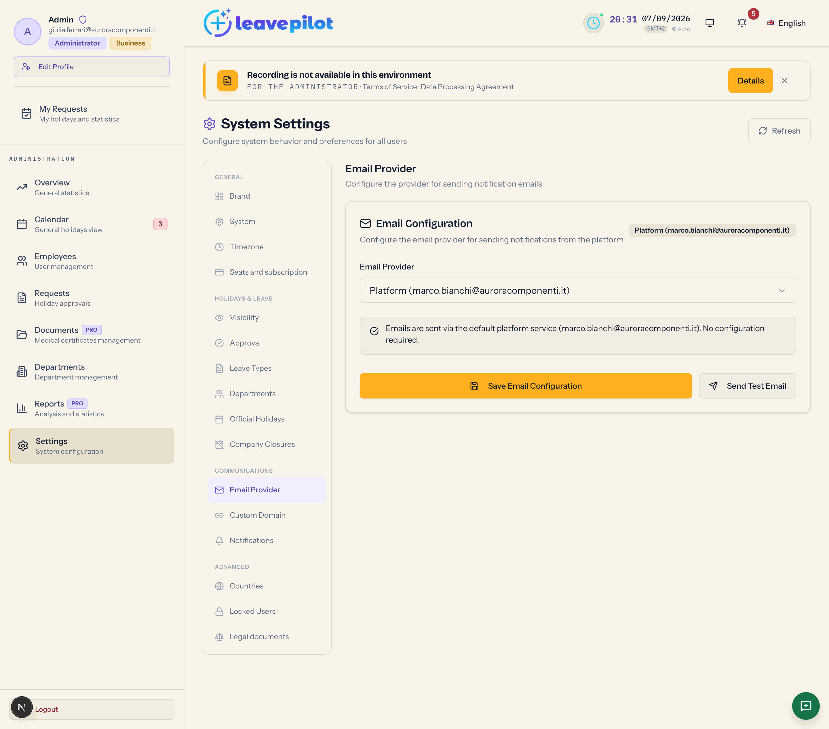 The Email Provider section with the choice between platform, Resend and SMTP