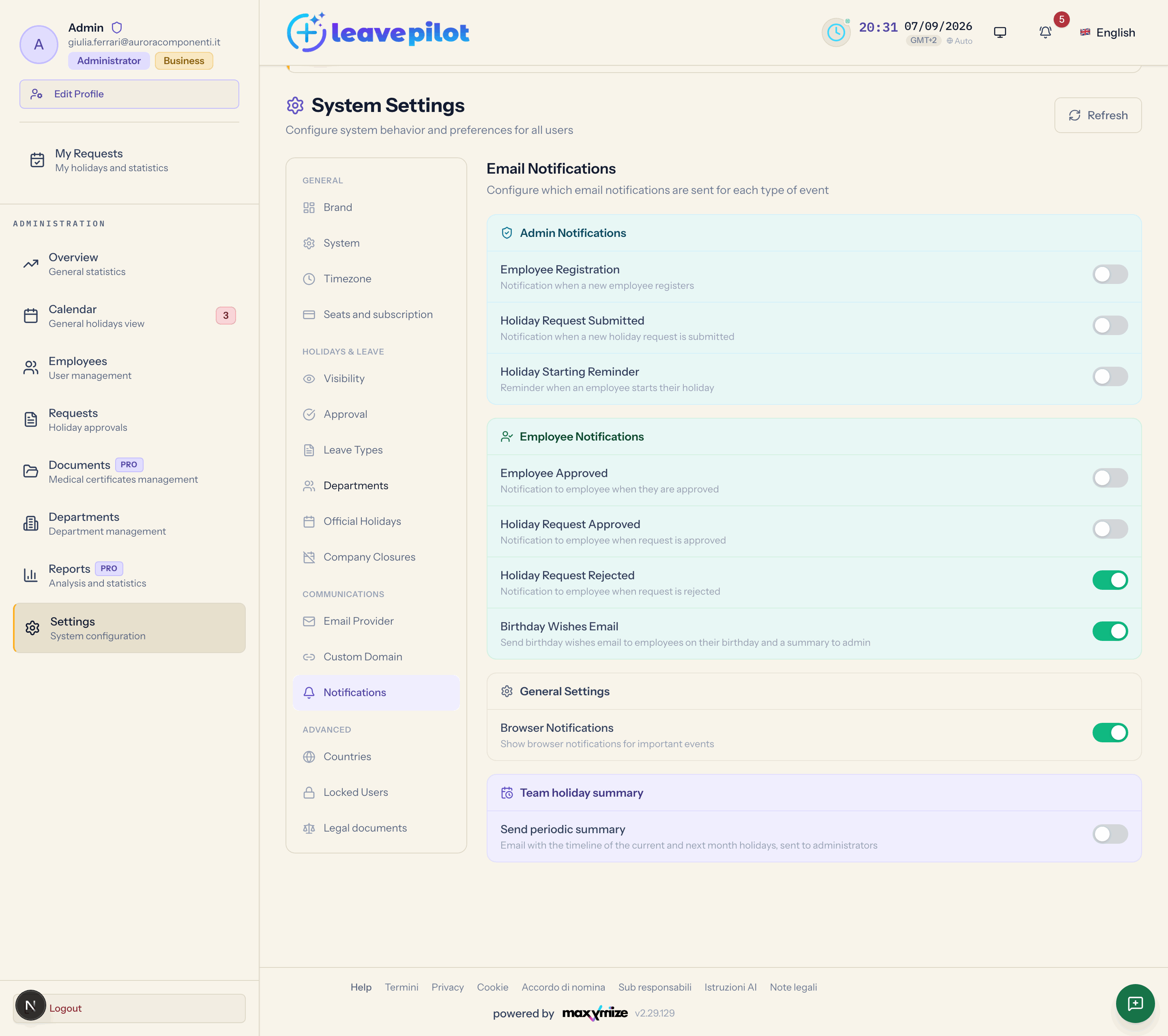 The Notifications section with the switches for the automatic emails