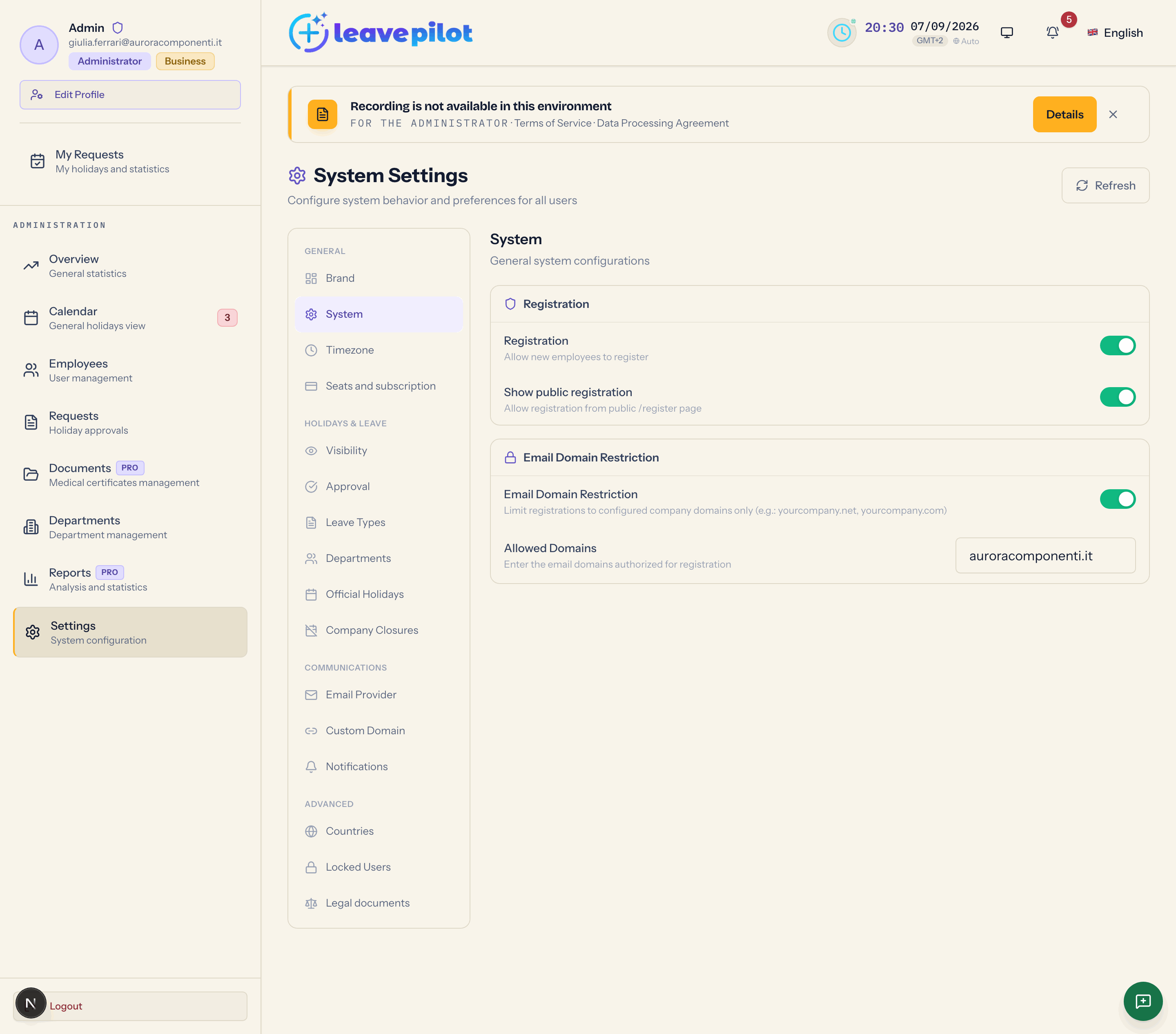 The System settings section, with the registration switches