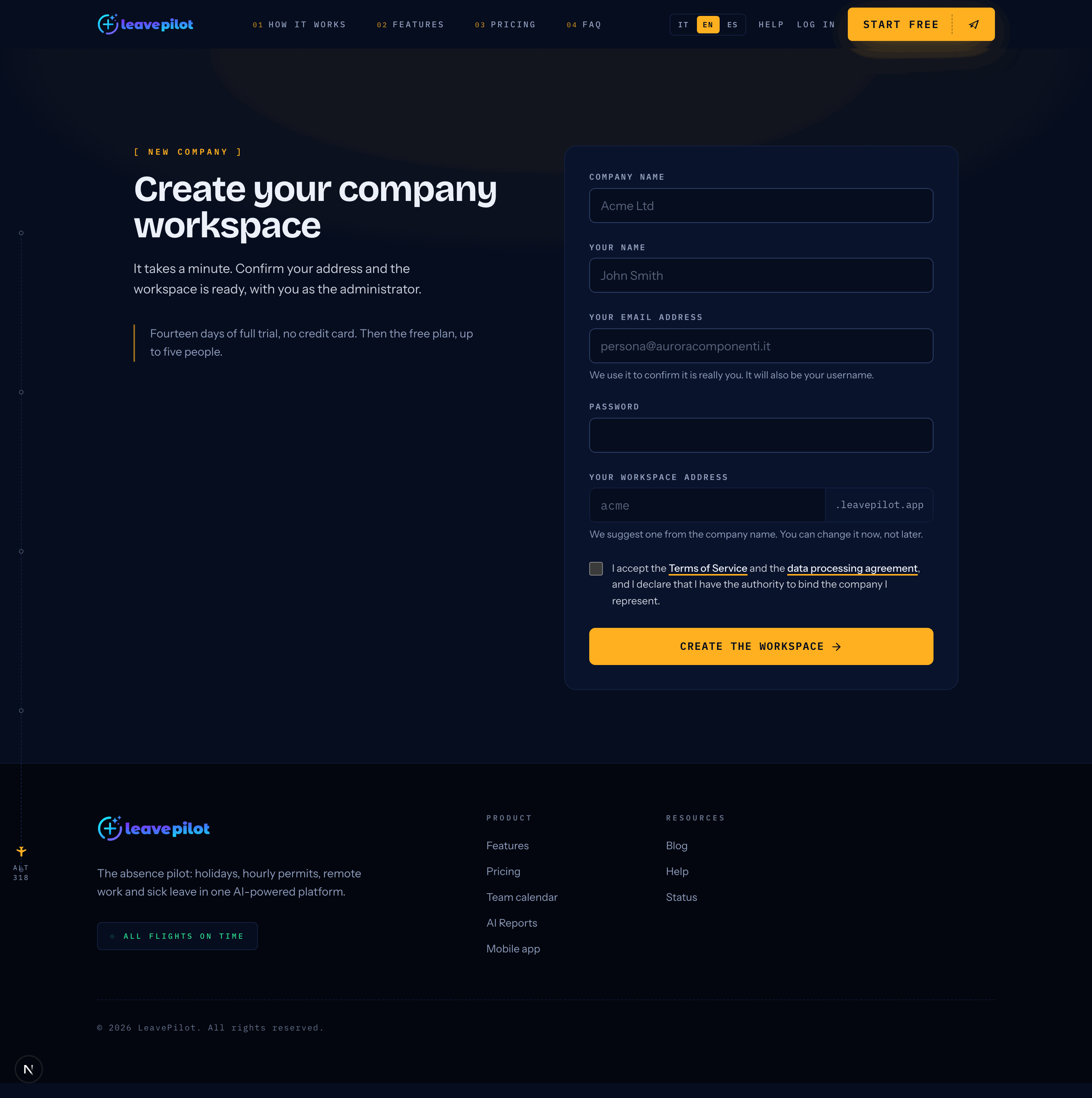 The Create your company workspace form