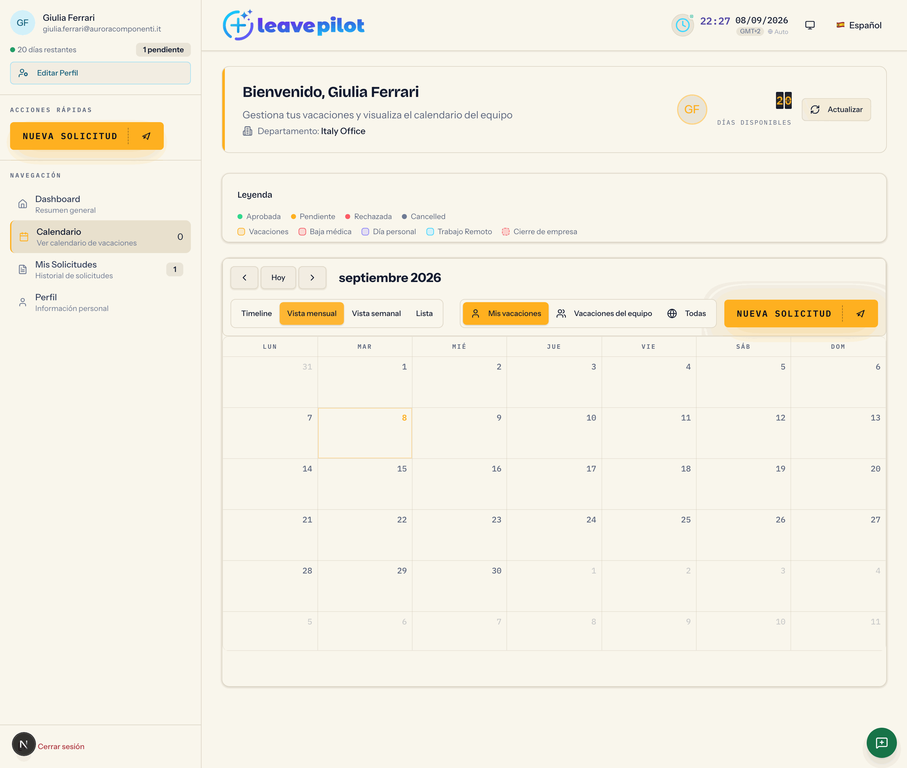 La vista mensual del calendario