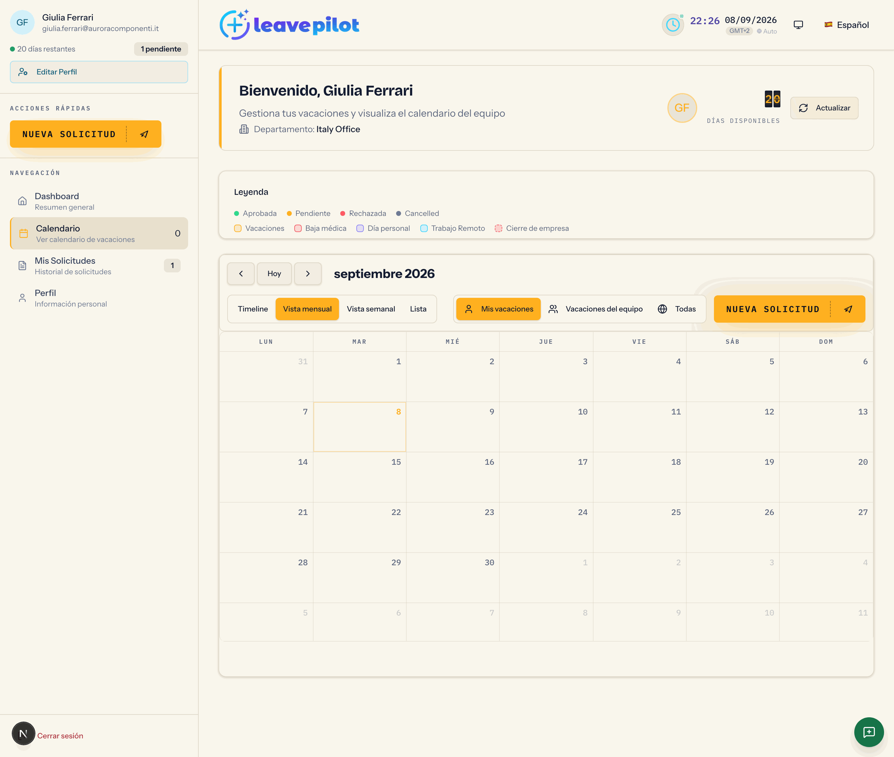 La vista Timeline del calendario
