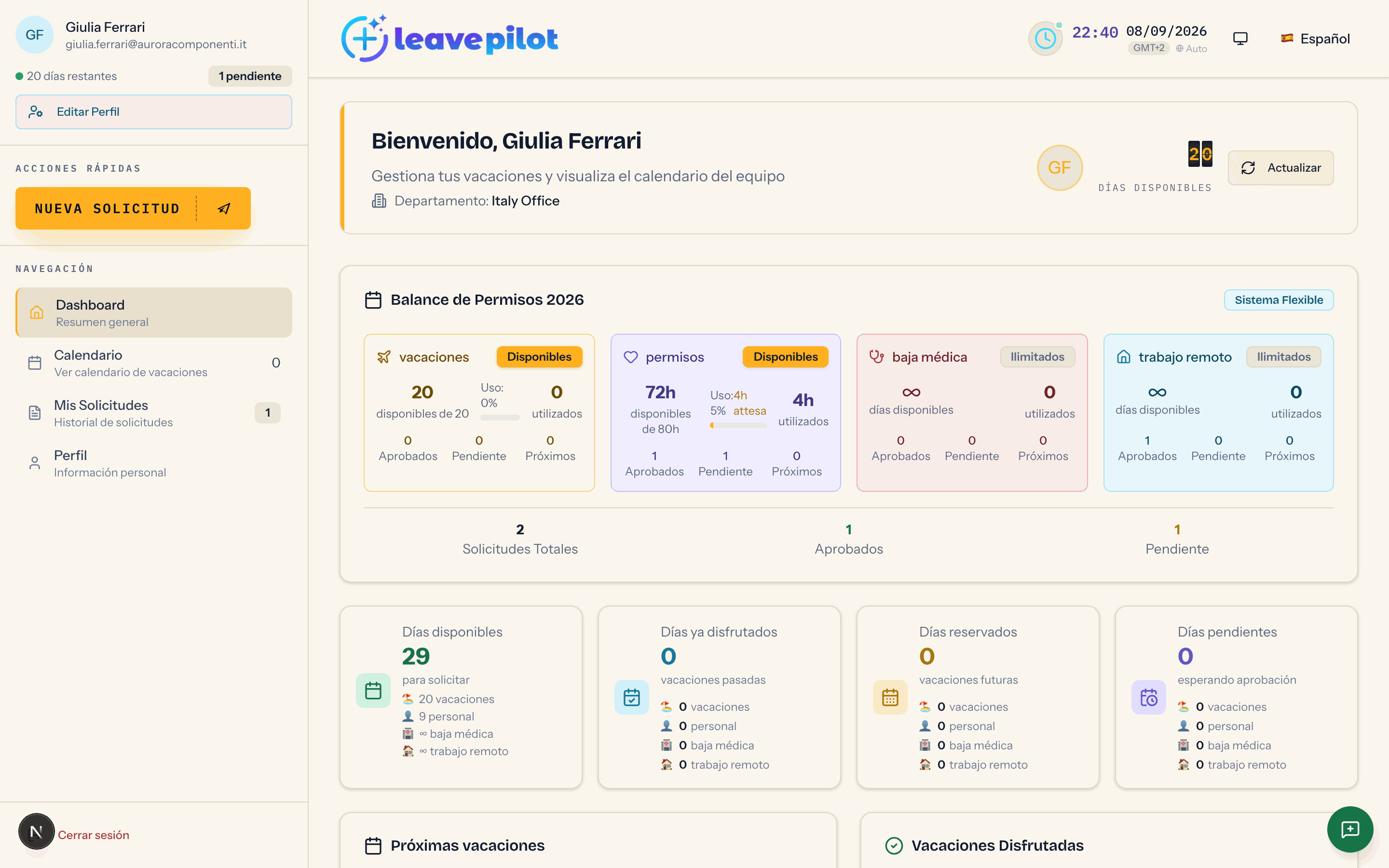 El panel del empleado con menú lateral, cabecera y balance por tipo