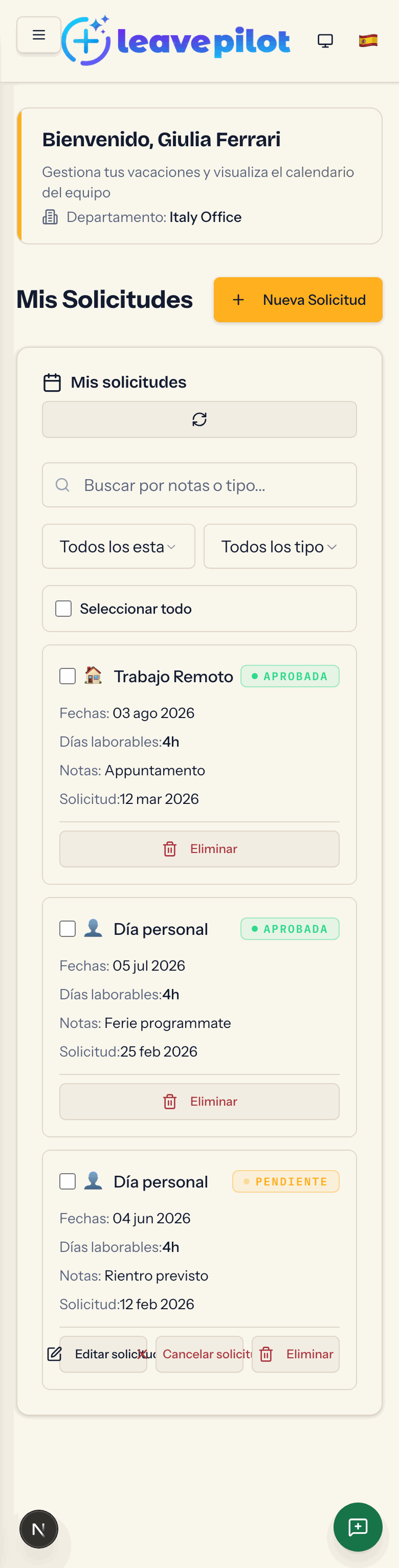 Mis Solicitudes en el móvil