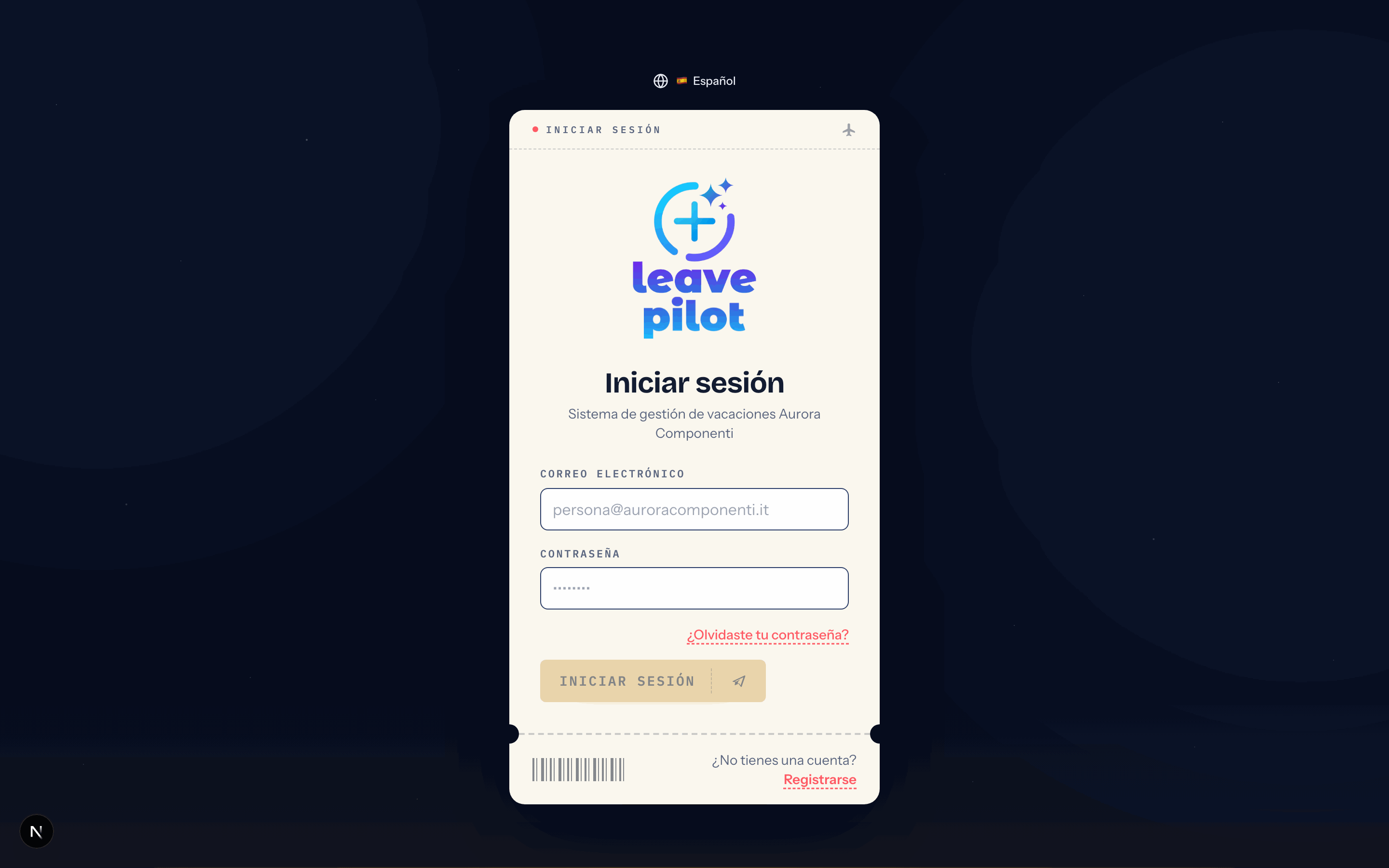 La página de acceso de LeavePilot con los campos Correo electrónico y Contraseña