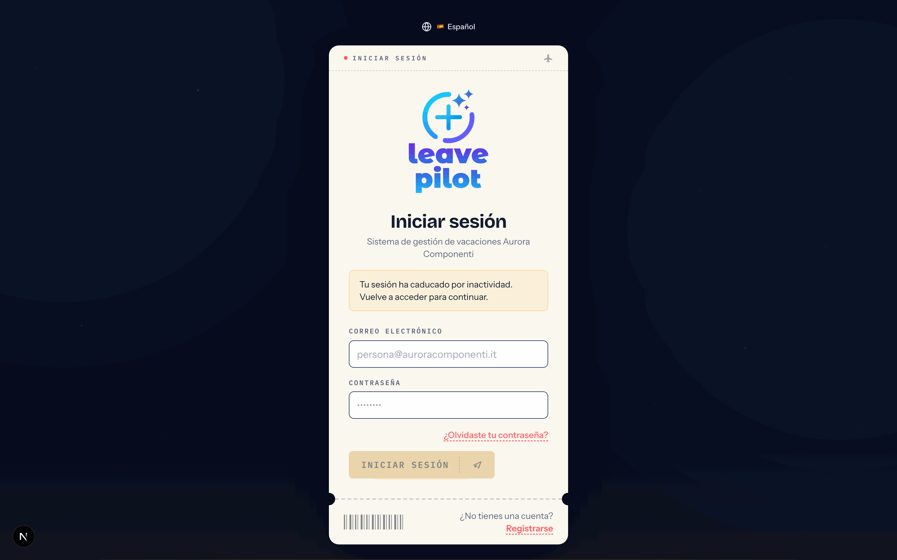 La página de acceso con el aviso de sesión caducada