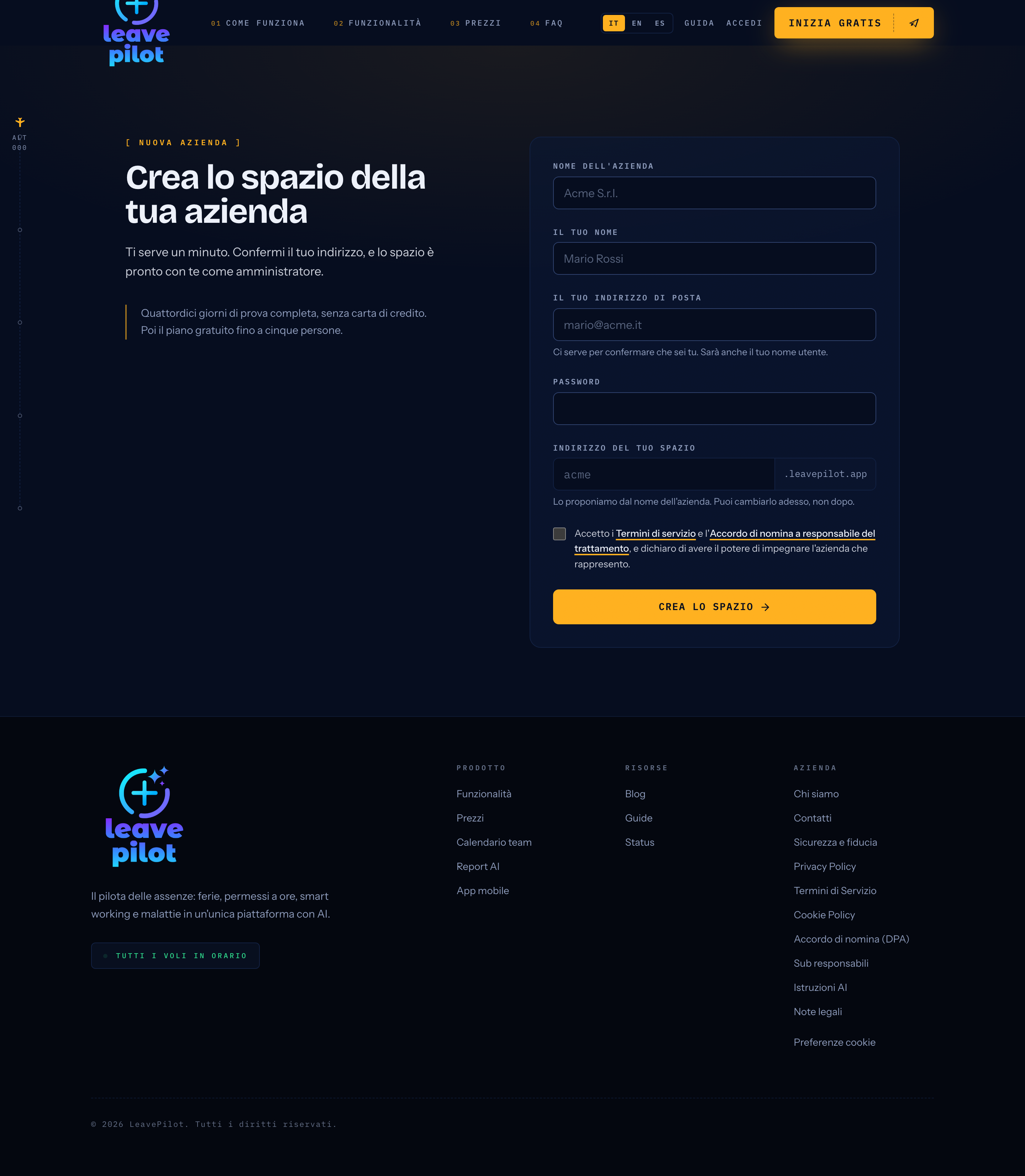 Il modulo Crea lo spazio della tua azienda