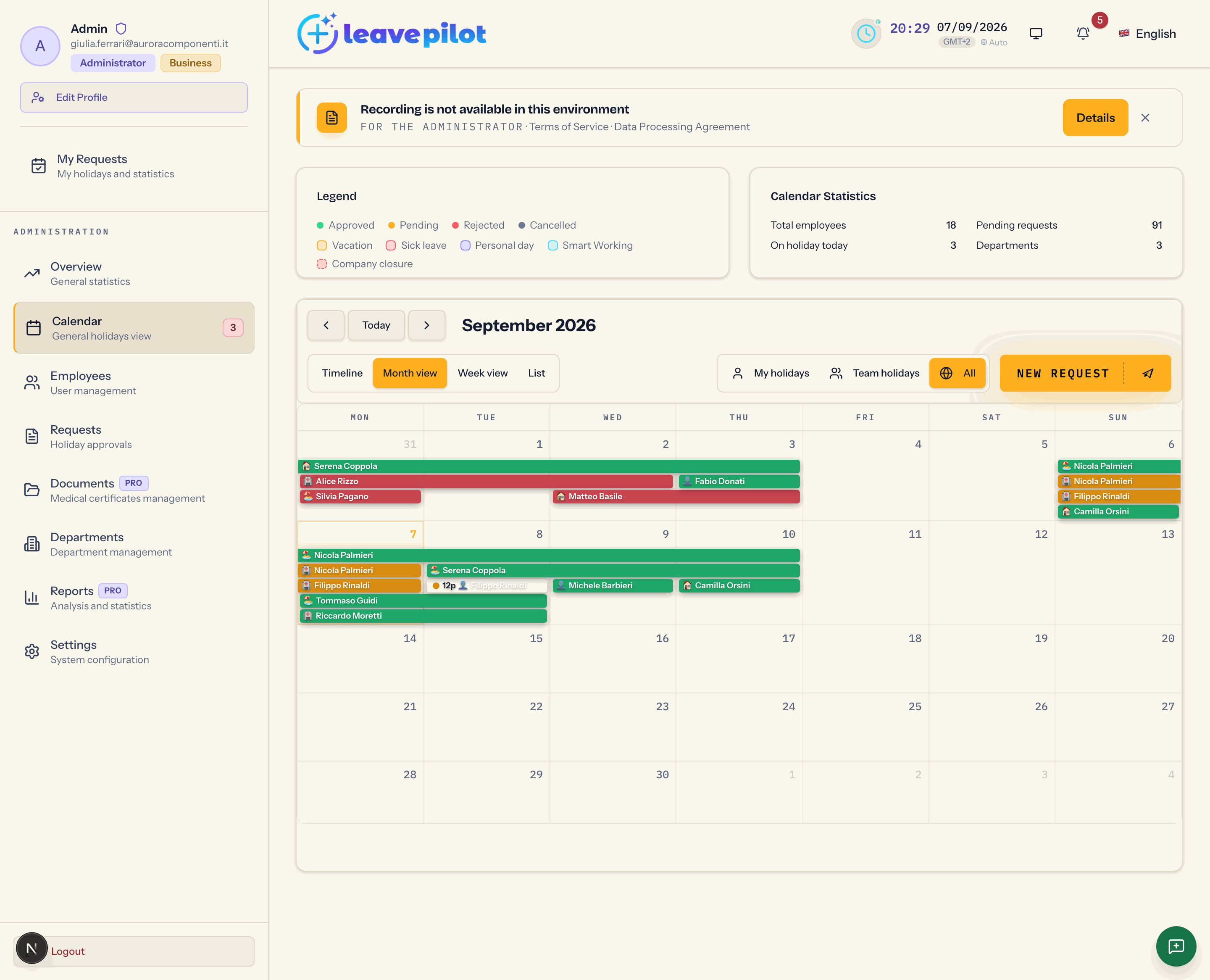 The company calendar as the administrator sees it, with the statistics and the view selector