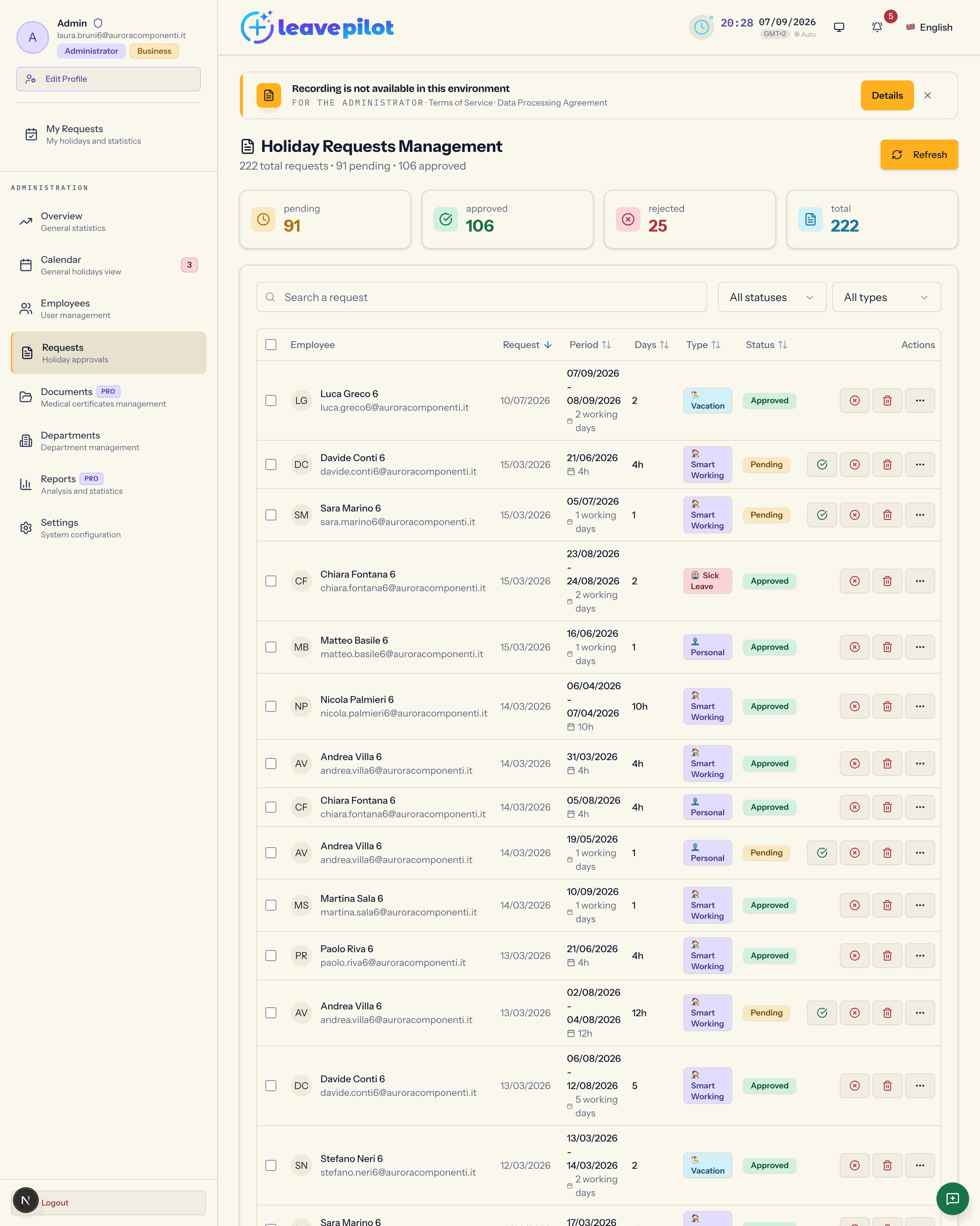 The leave request list with the counters, the filters and the sortable columns