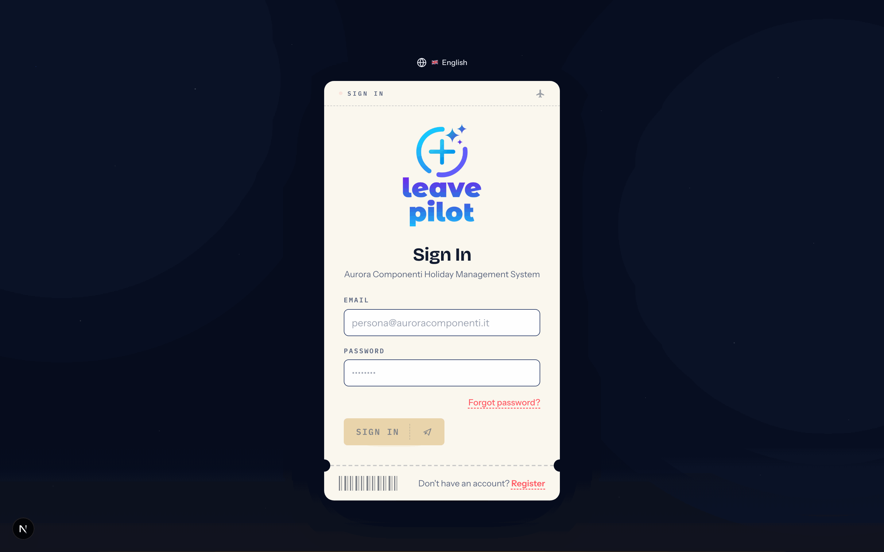 The LeavePilot sign-in page with the Email and Password fields