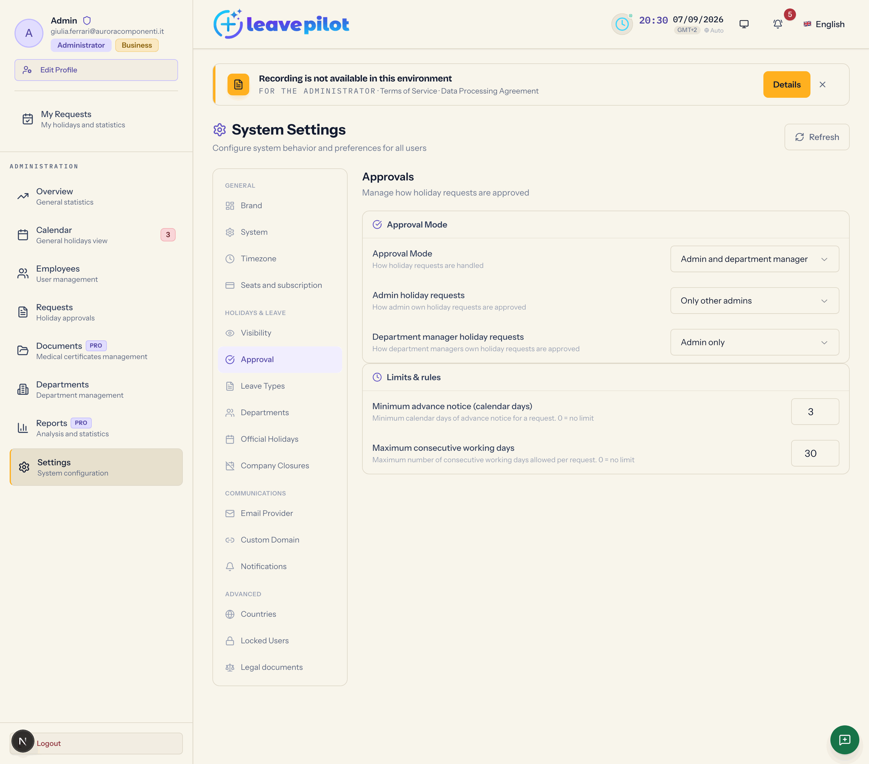 The Approval section with the three modes and the request limits
