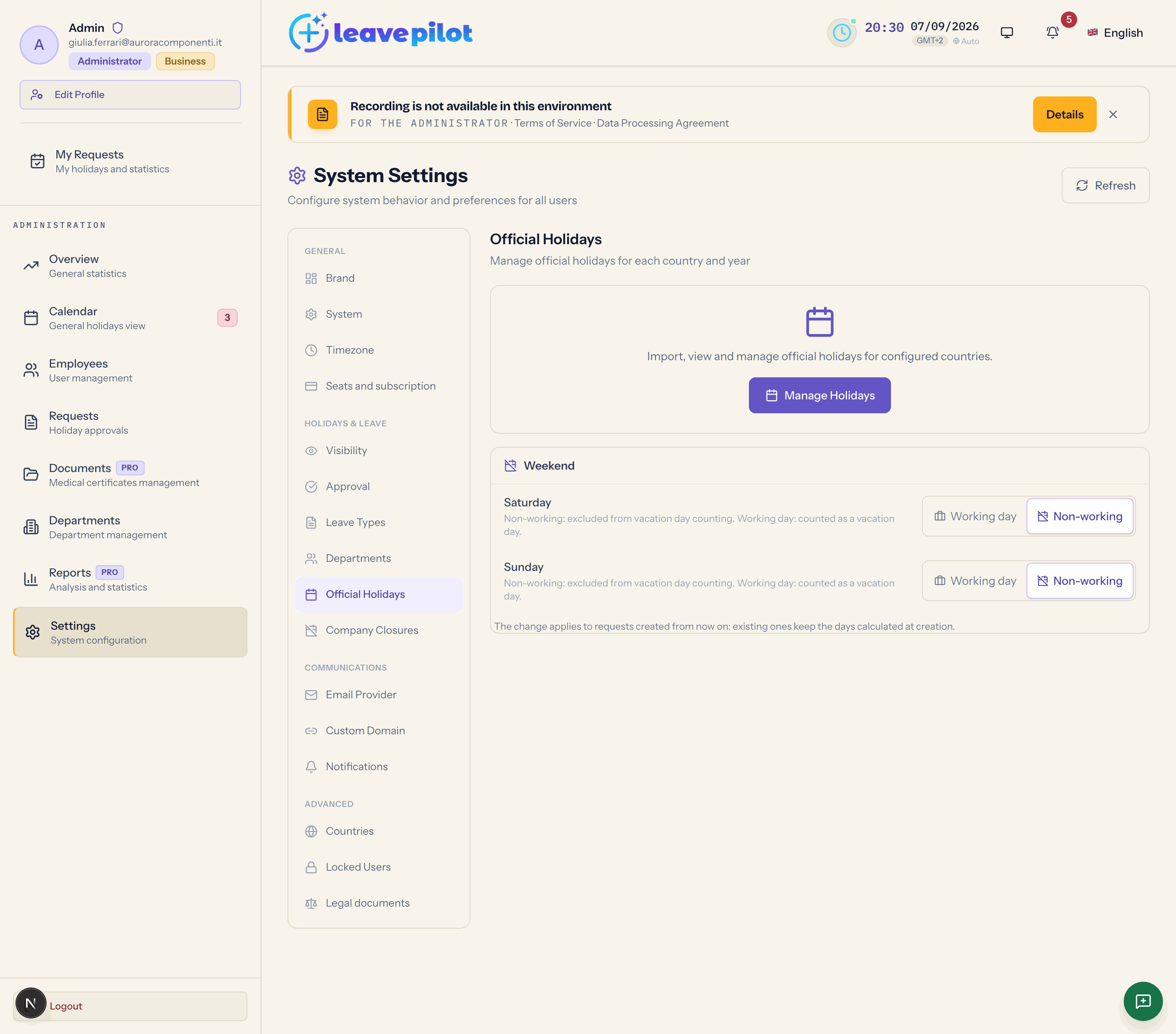 The Official Holidays section with the country list and the manage button