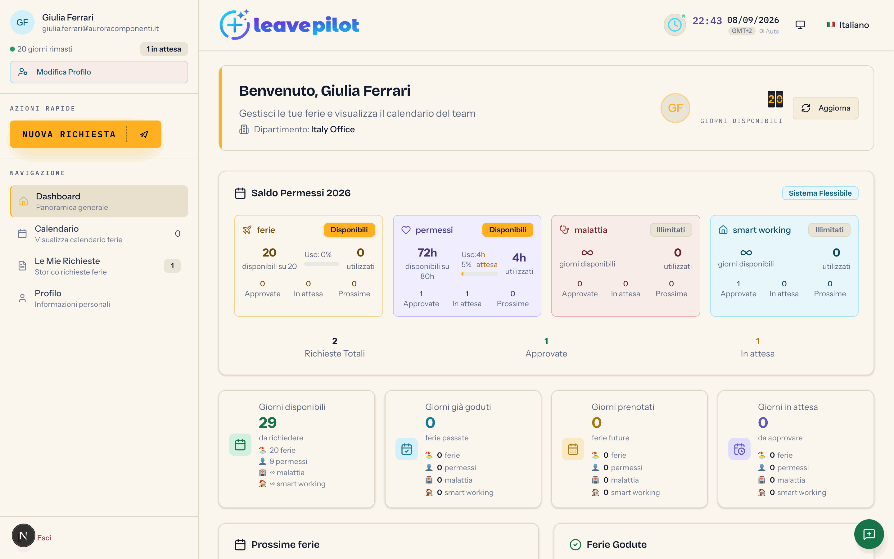 La dashboard del dipendente con menu laterale, intestazione e saldo per tipo