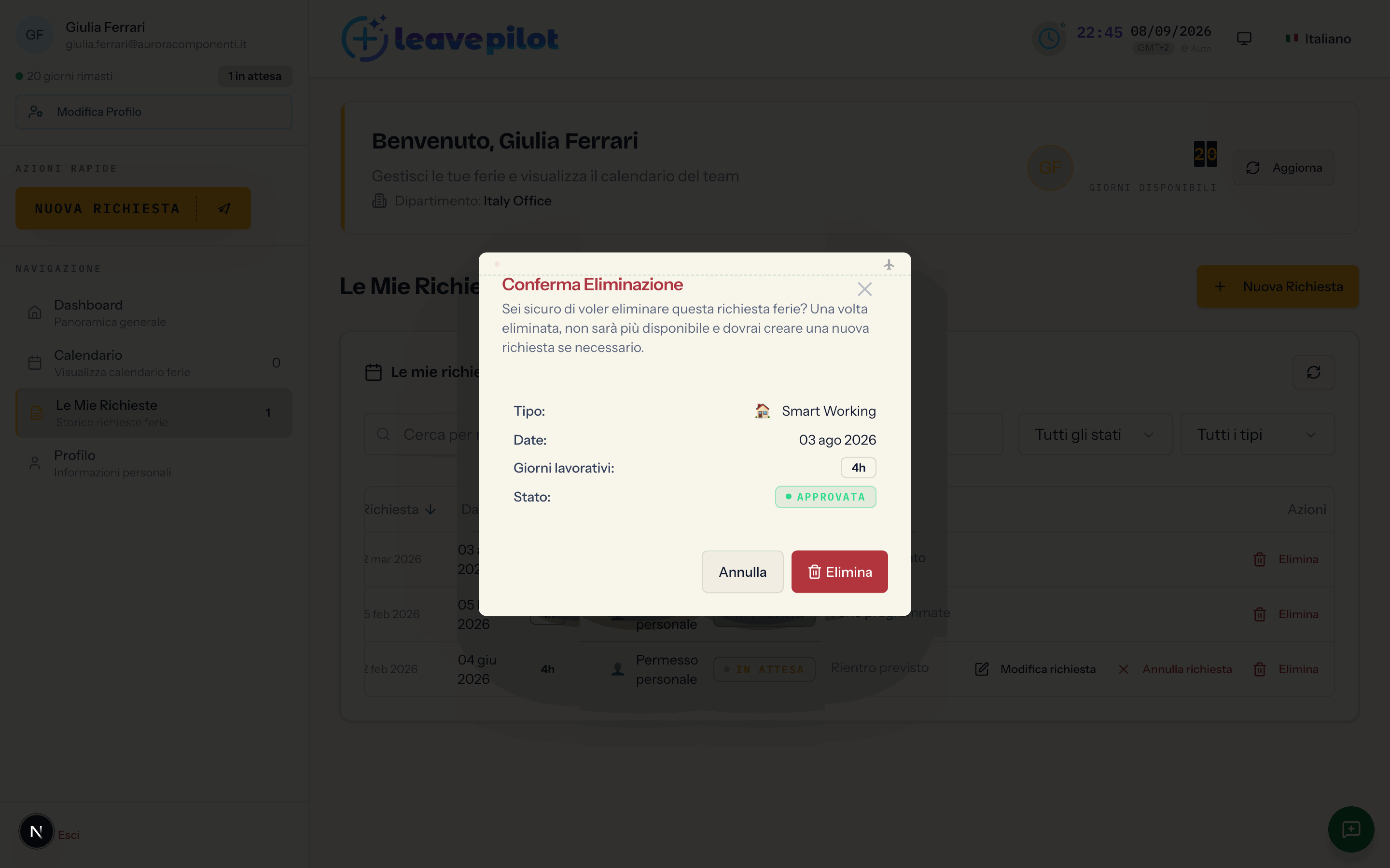 La finestra Conferma Eliminazione