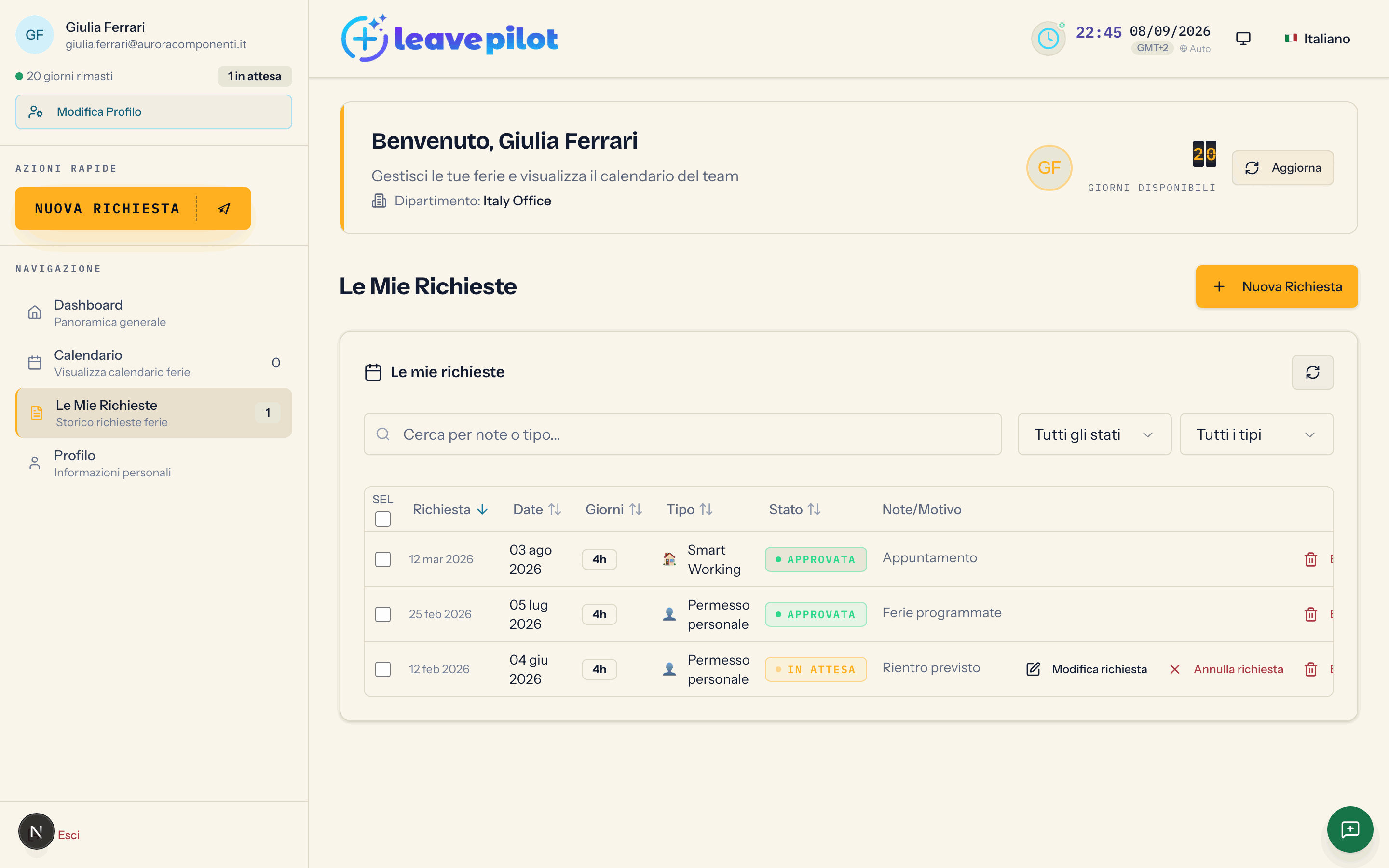La finestra Dettagli Ferie