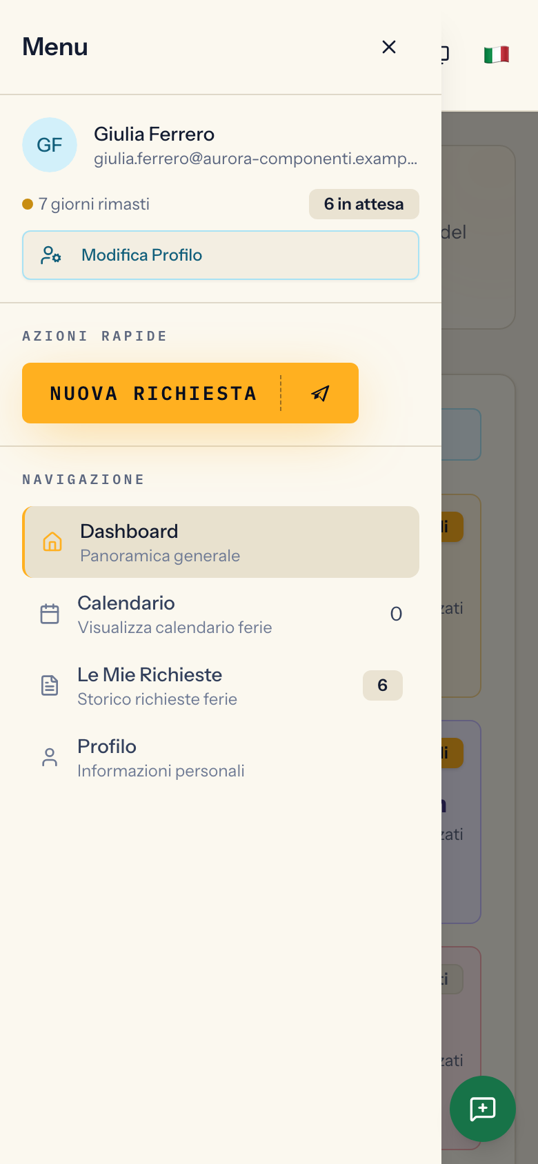 Il menu laterale aperto sul telefono