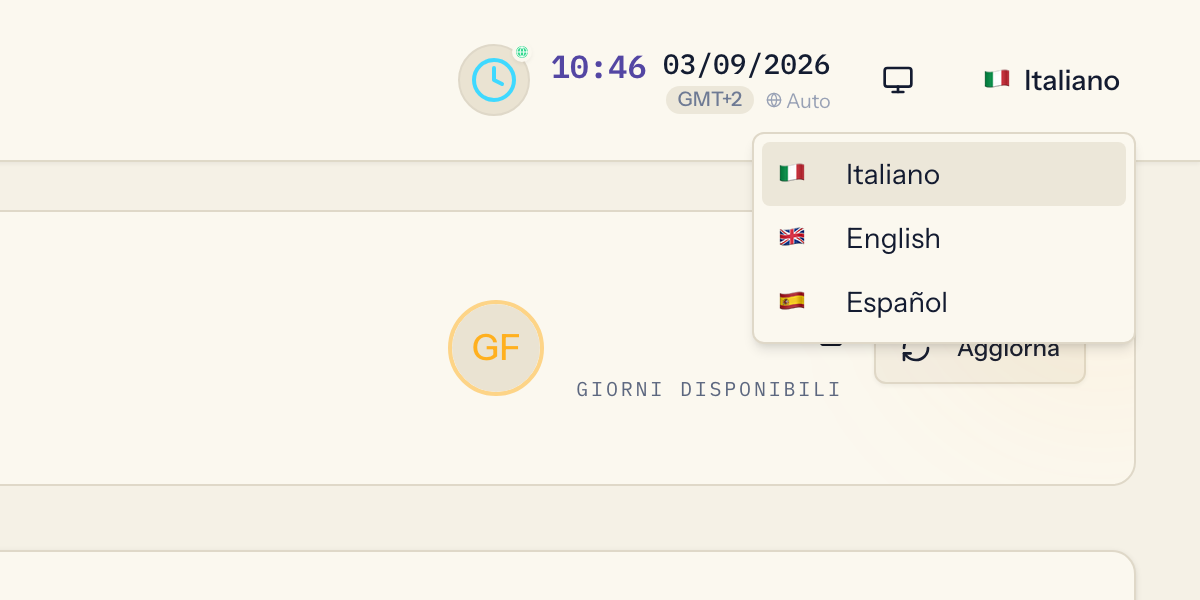 Il selettore della lingua aperto nell'intestazione