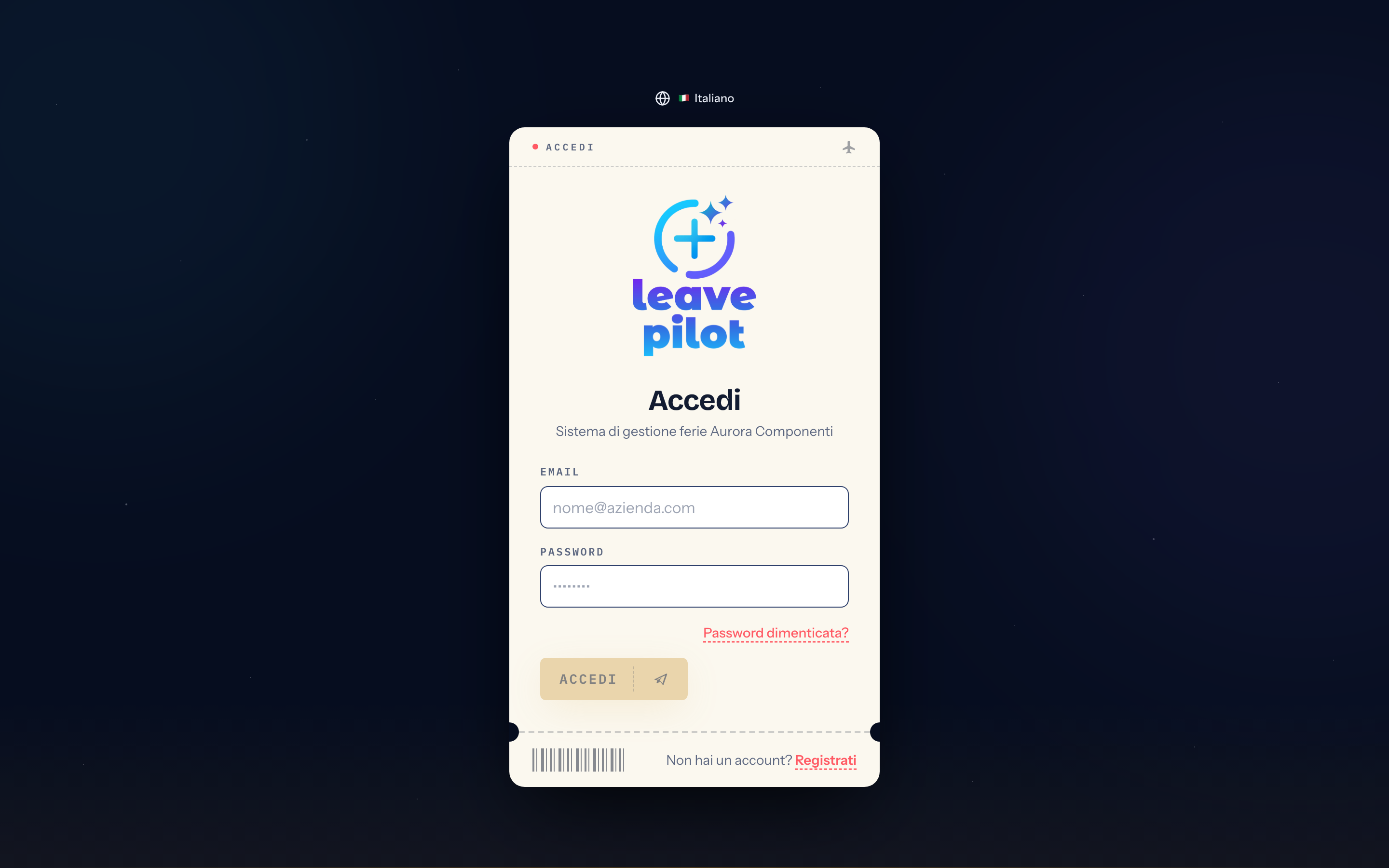 La pagina di accesso di LeavePilot con i campi Email e Password