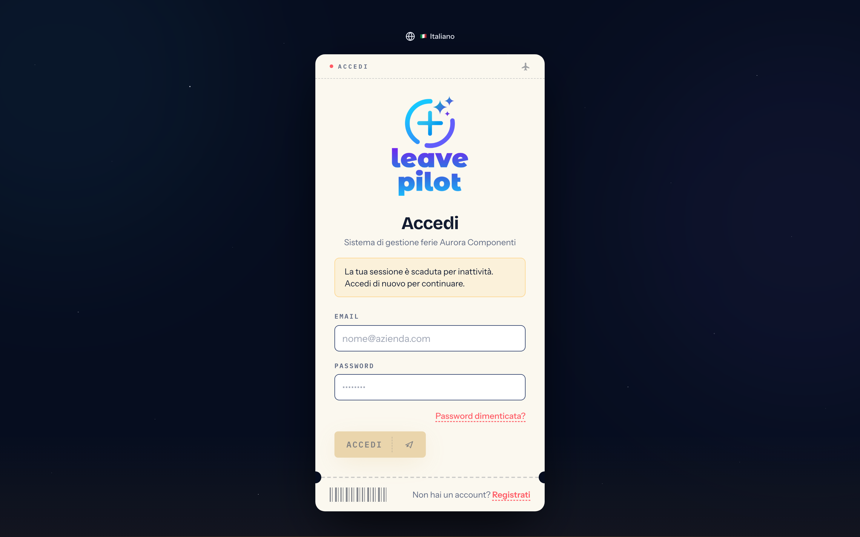 La pagina di accesso con l'avviso di sessione scaduta